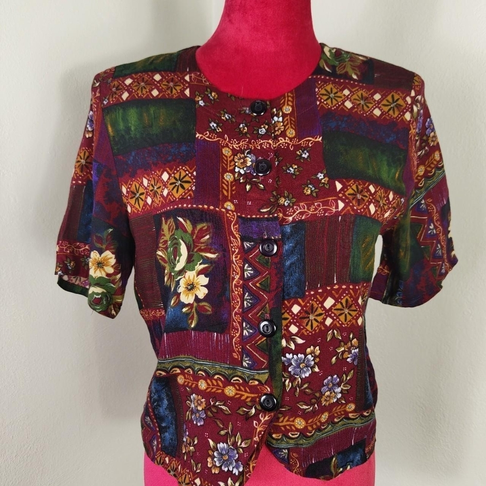 Vintage 80s Buttoned Patchwork Orange, Burgundy, … - image 4